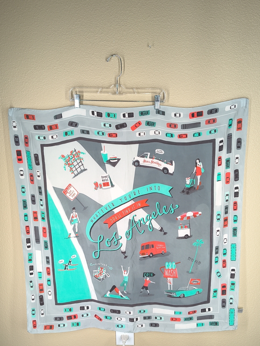 Emily Ross Los Angeles Graphic Square Scarf in Teal & Gray Silk